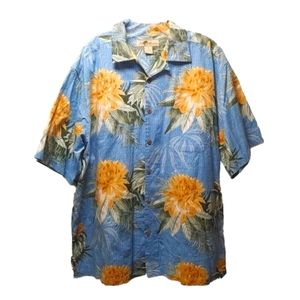 Joe Marlin Hawaiian Shirt Wood Button Front Blue Flowers Vacation Resort Men XXL